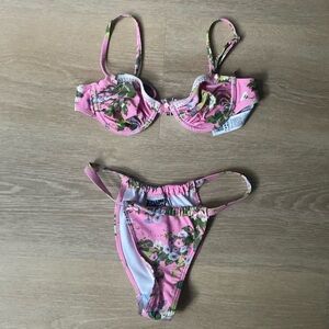 Pink bikini in green floral with bows